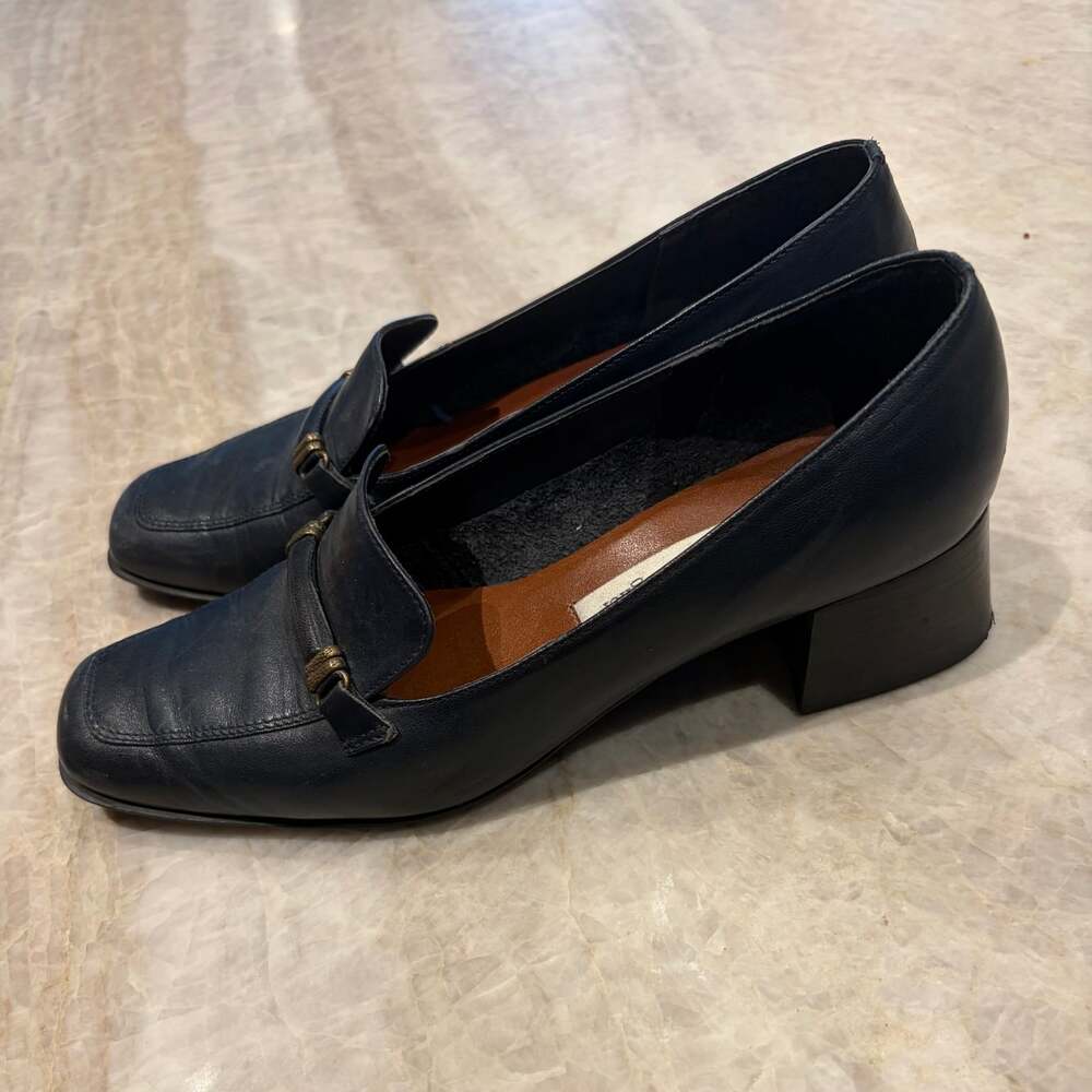 Etienne Aigner Navy Leather Block Heel Loafer Pumps Women’s 6.5